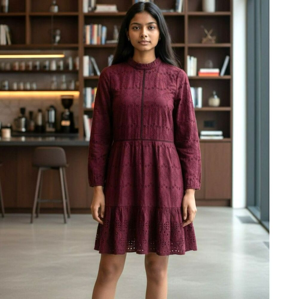 H&M Divided Burgundy Eyelet Dress Long Sleeve Boho Romantic Mini Dress NWT 2